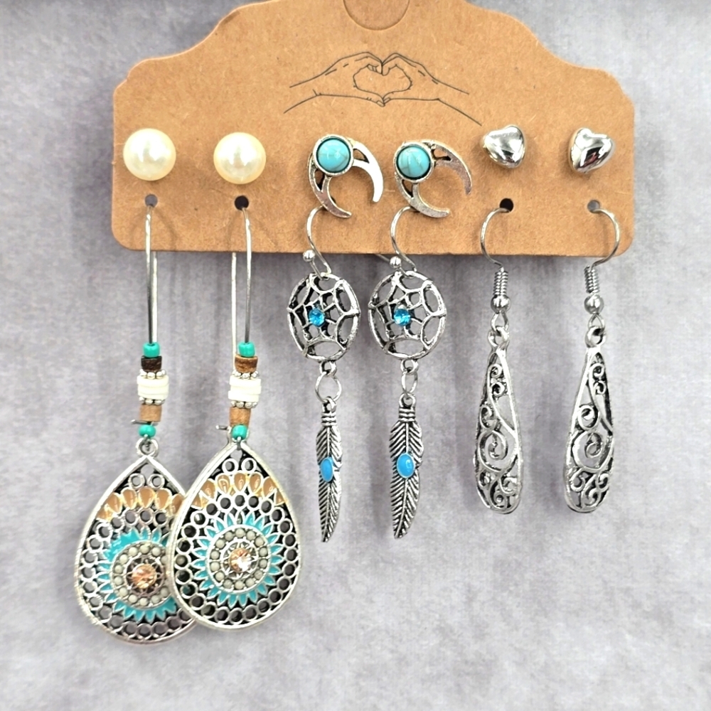 Silver Feather Moon Boho Hoop Dangle Stud‎ Earrings Retro Fashion Jewelry JB2-66